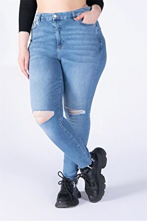 Büyük Beden Mavi Yüksek Bel Diz Lazer Skinny Jeans